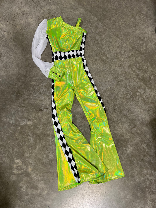 Kids Neon Green and Diamond One Sleeve Trick Rider Jumpsuit