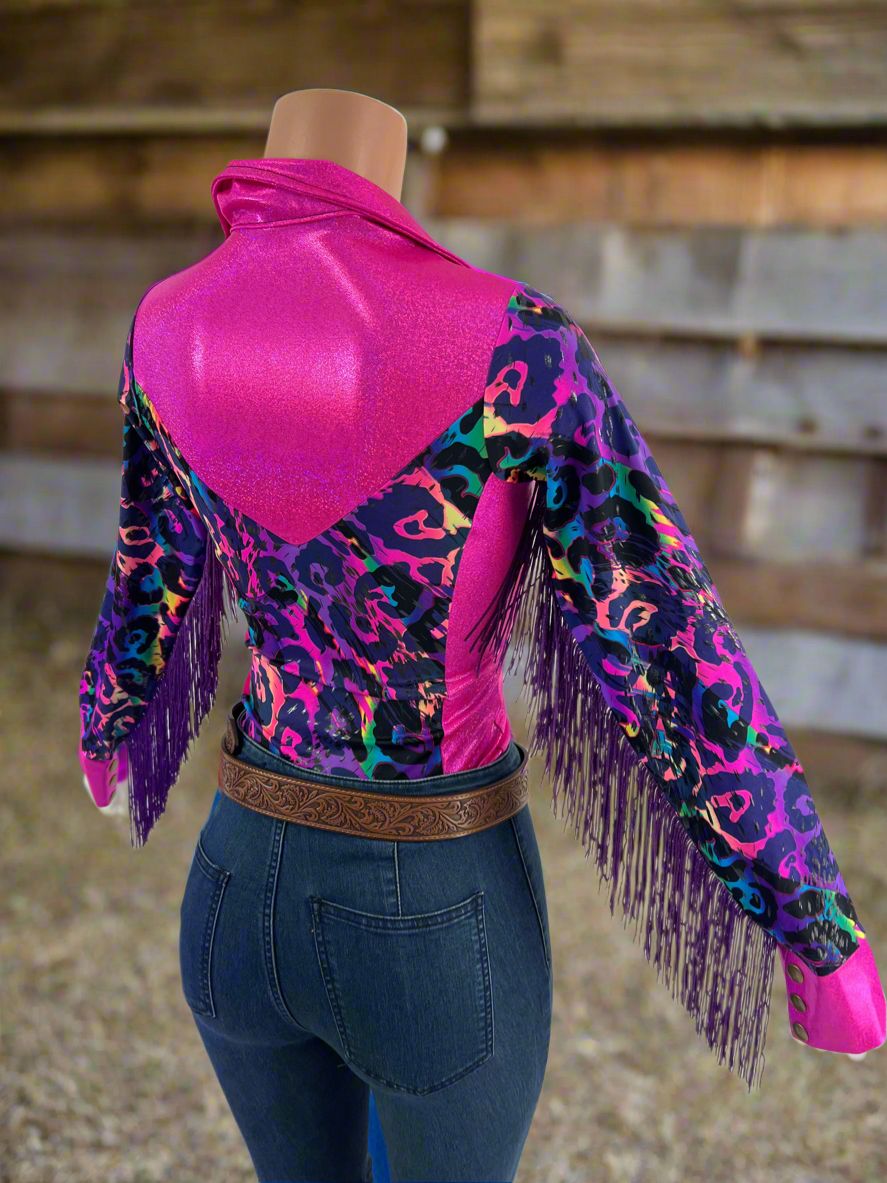 Neon Pink and Rainbow Leopard Rodeo Shirt Rodeo Shirt Riverside Rodeo Shirts