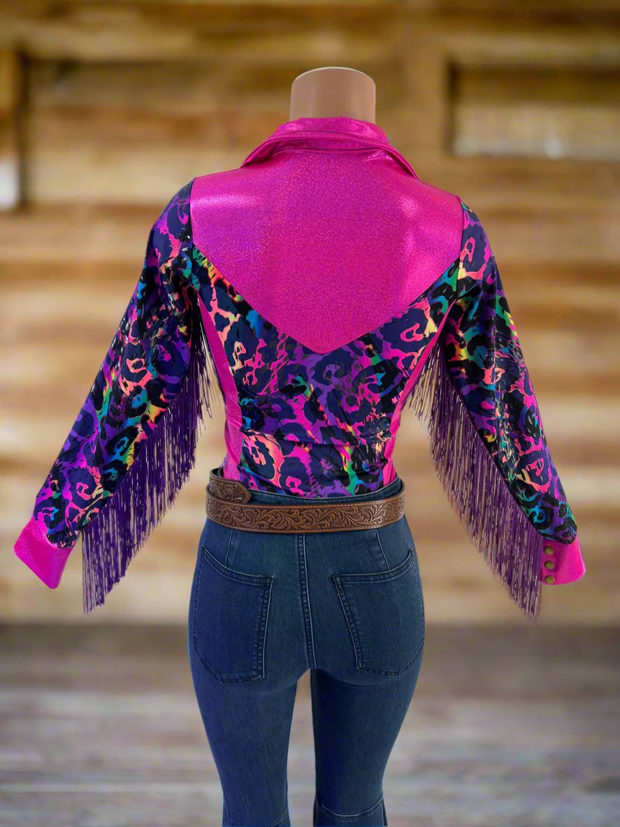 Neon Pink and Rainbow Leopard Rodeo Shirt Rodeo Shirt Riverside Rodeo Shirts