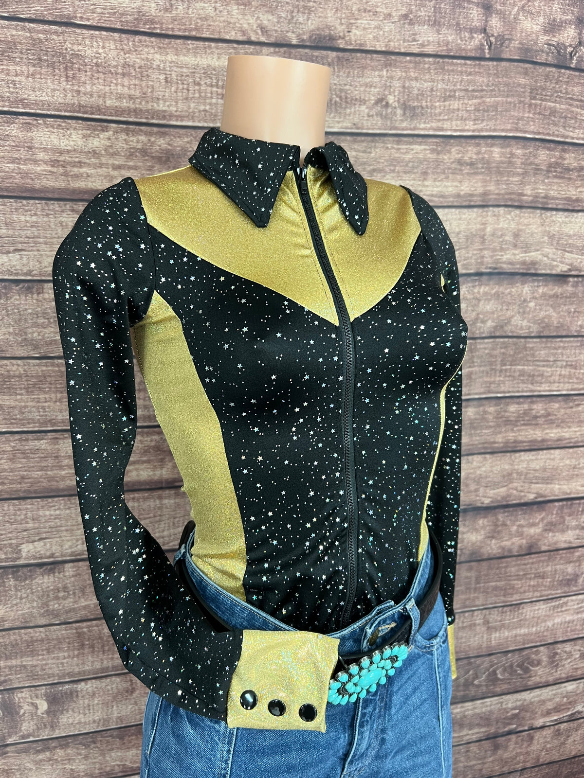 Gold and Black Rodeo Shirt with Zipper Front