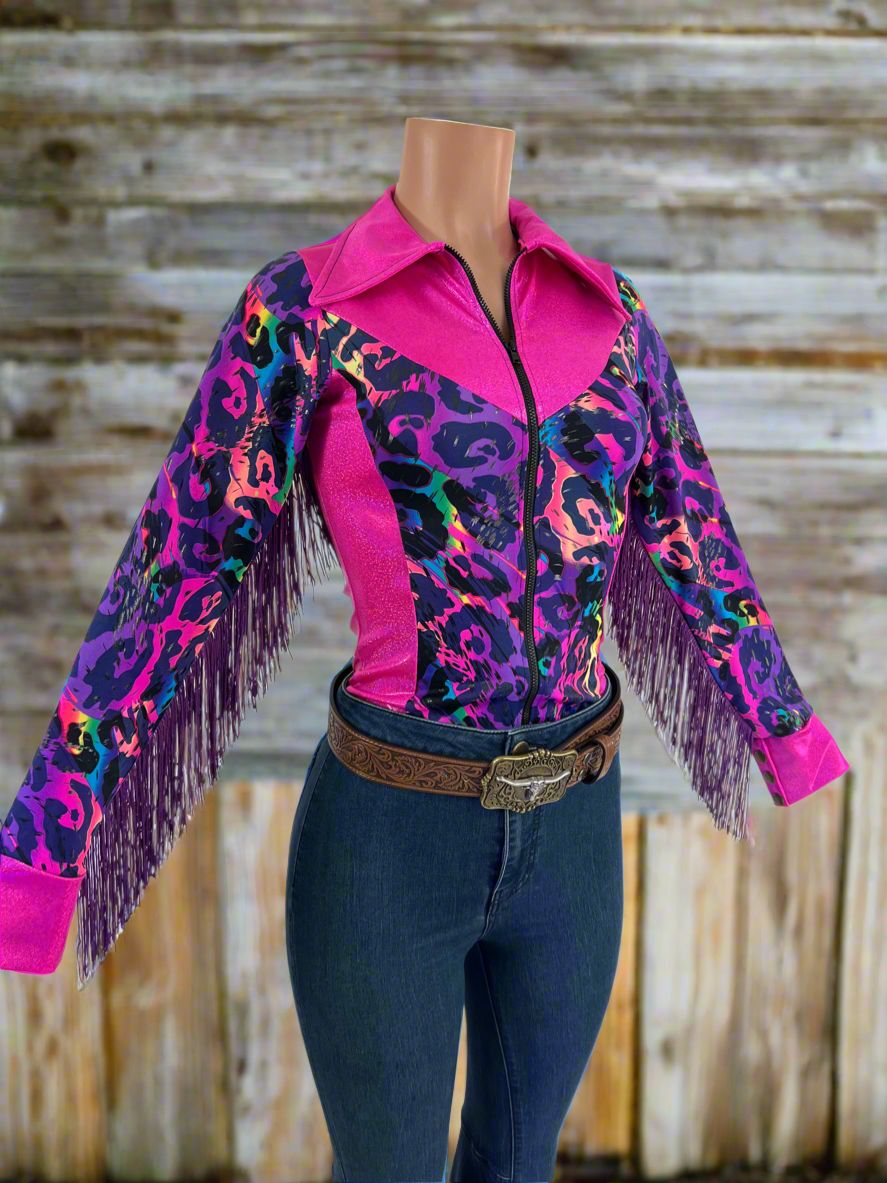 Neon Pink and Rainbow Leopard Rodeo Shirt Rodeo Shirt Riverside Rodeo Shirts