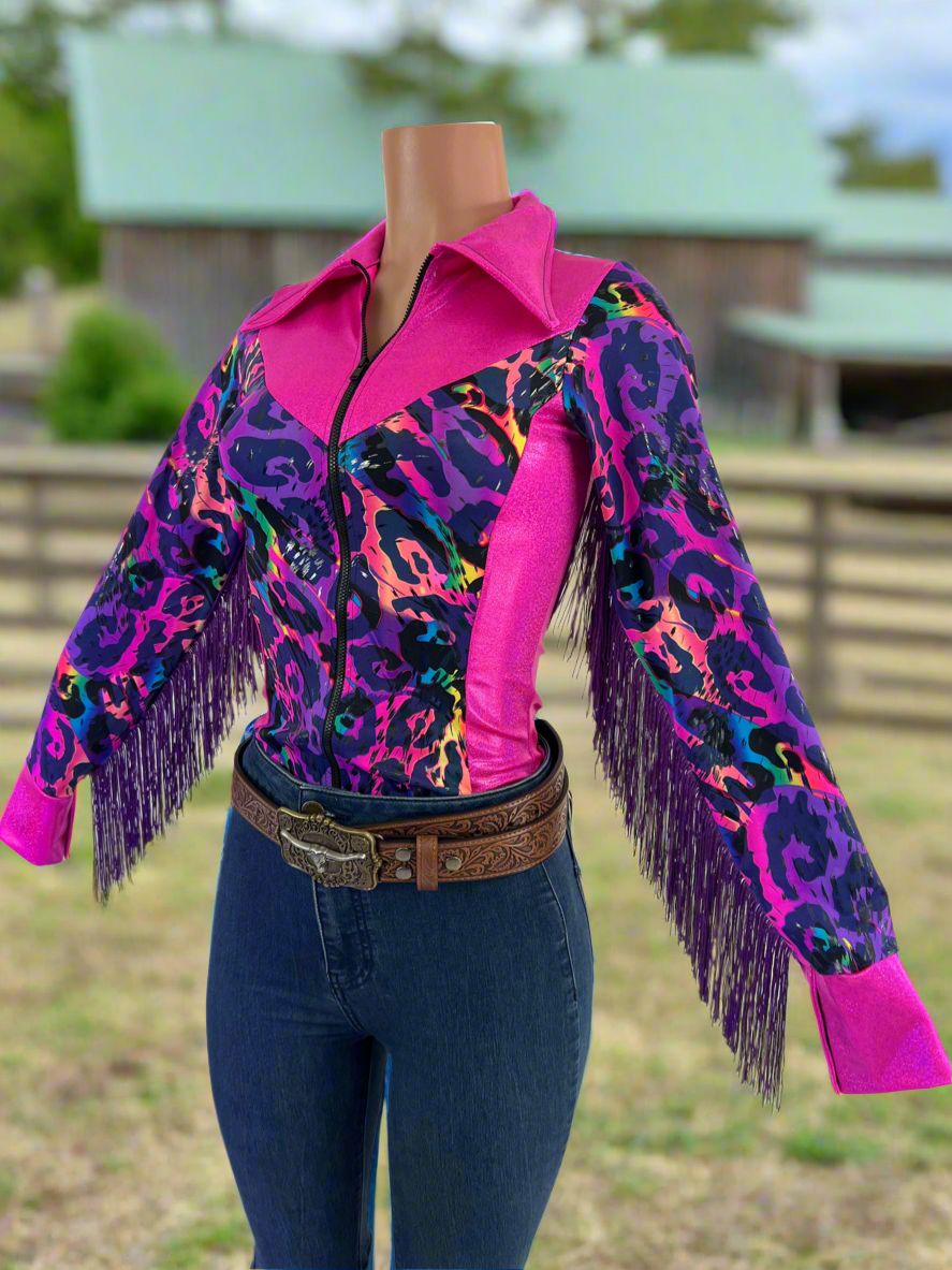 Neon Pink and Rainbow Leopard Rodeo Shirt Rodeo Shirt Riverside Rodeo Shirts