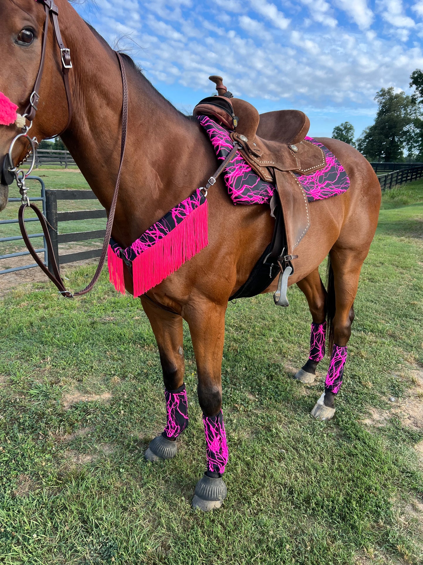 Neon Pink Lightning Breast Collar Cover with Chainette Fringe (Covers ONLY)