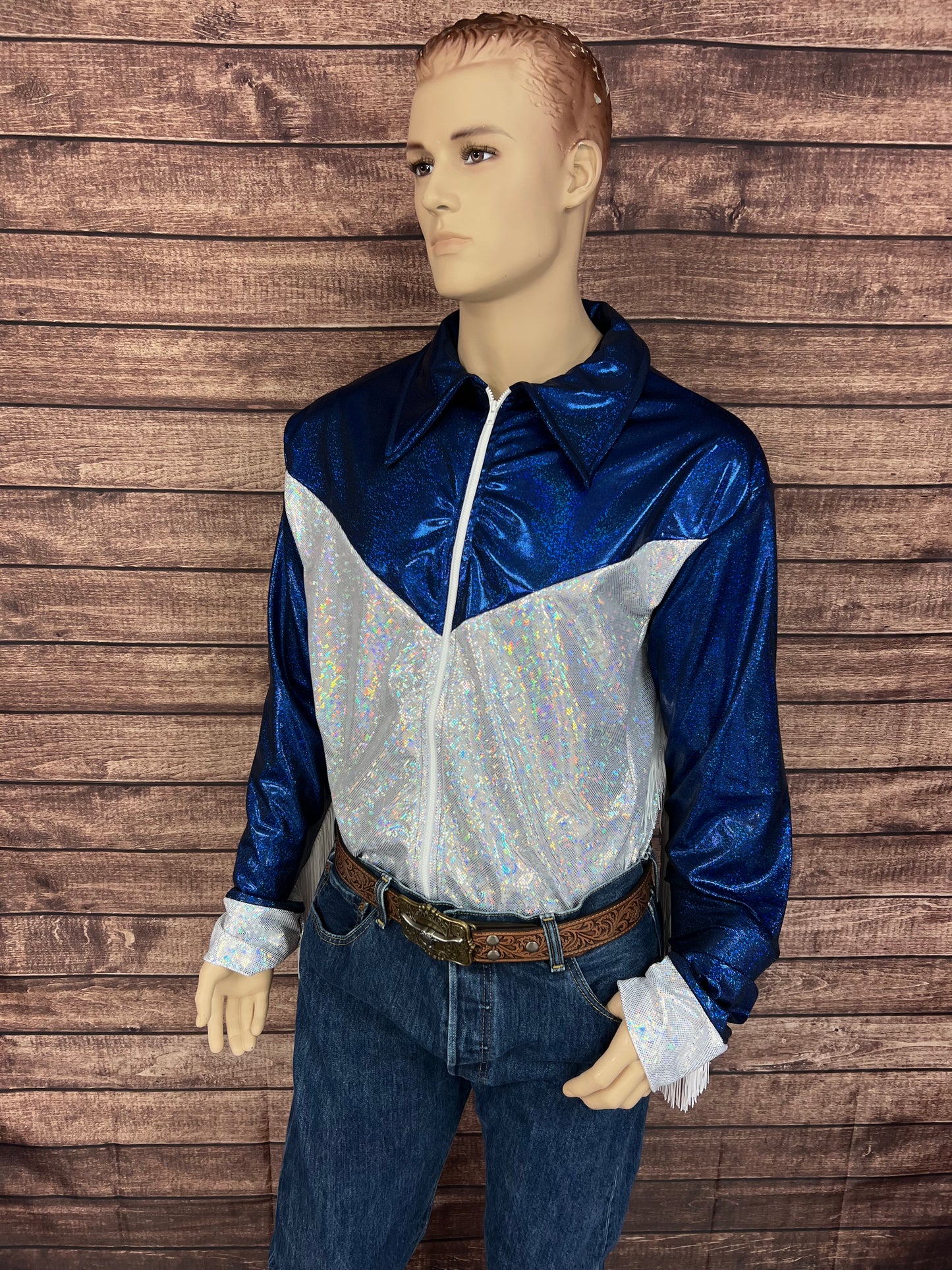 Mens Blue and White Zipper Front Rodeo Shirt with Fringe