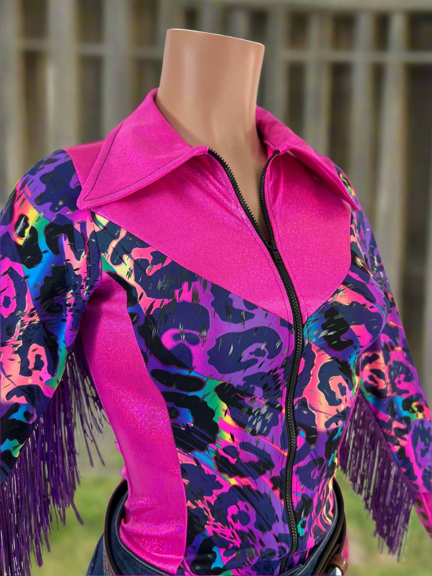 Neon Pink and Rainbow Leopard Rodeo Shirt Rodeo Shirt Riverside Rodeo Shirts