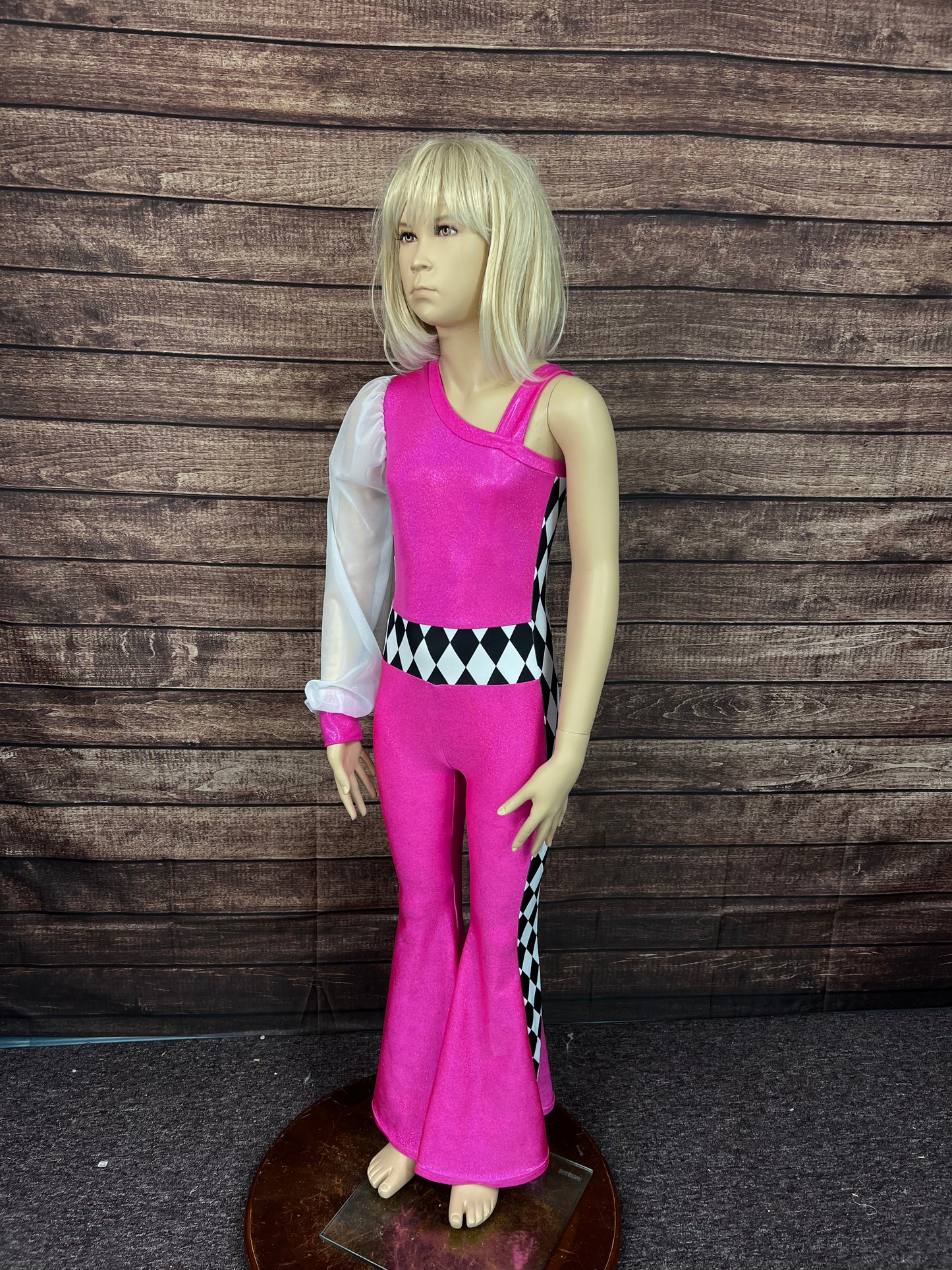 Kids Neon Pink and Diamond One Sleeve Trick Rider Jumpsuit