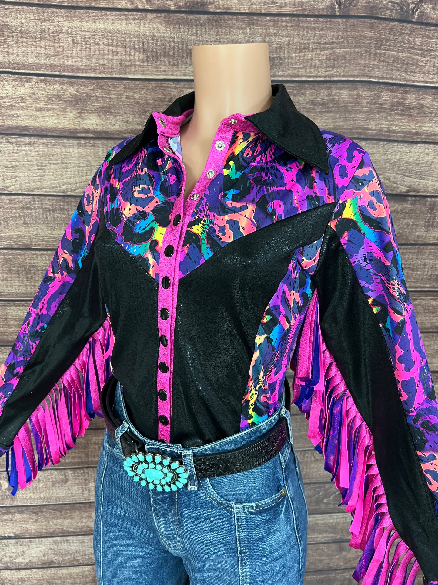 Rainbow Leopard Snap Front Rodeo Shirt with Thunderbird Fringe