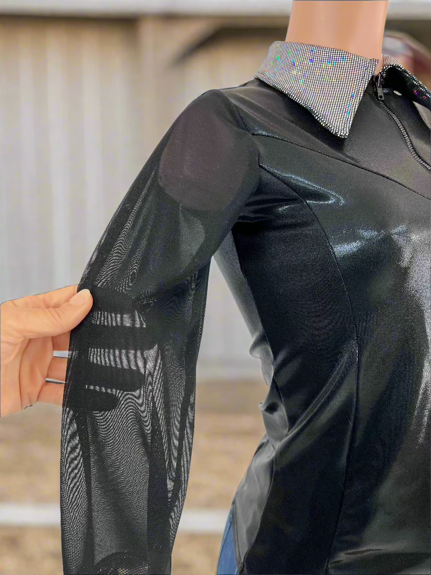 Black Mystique Mesh Sleeve Zipper Front Rodeo Shirt - Riverside Rodeo Shirts