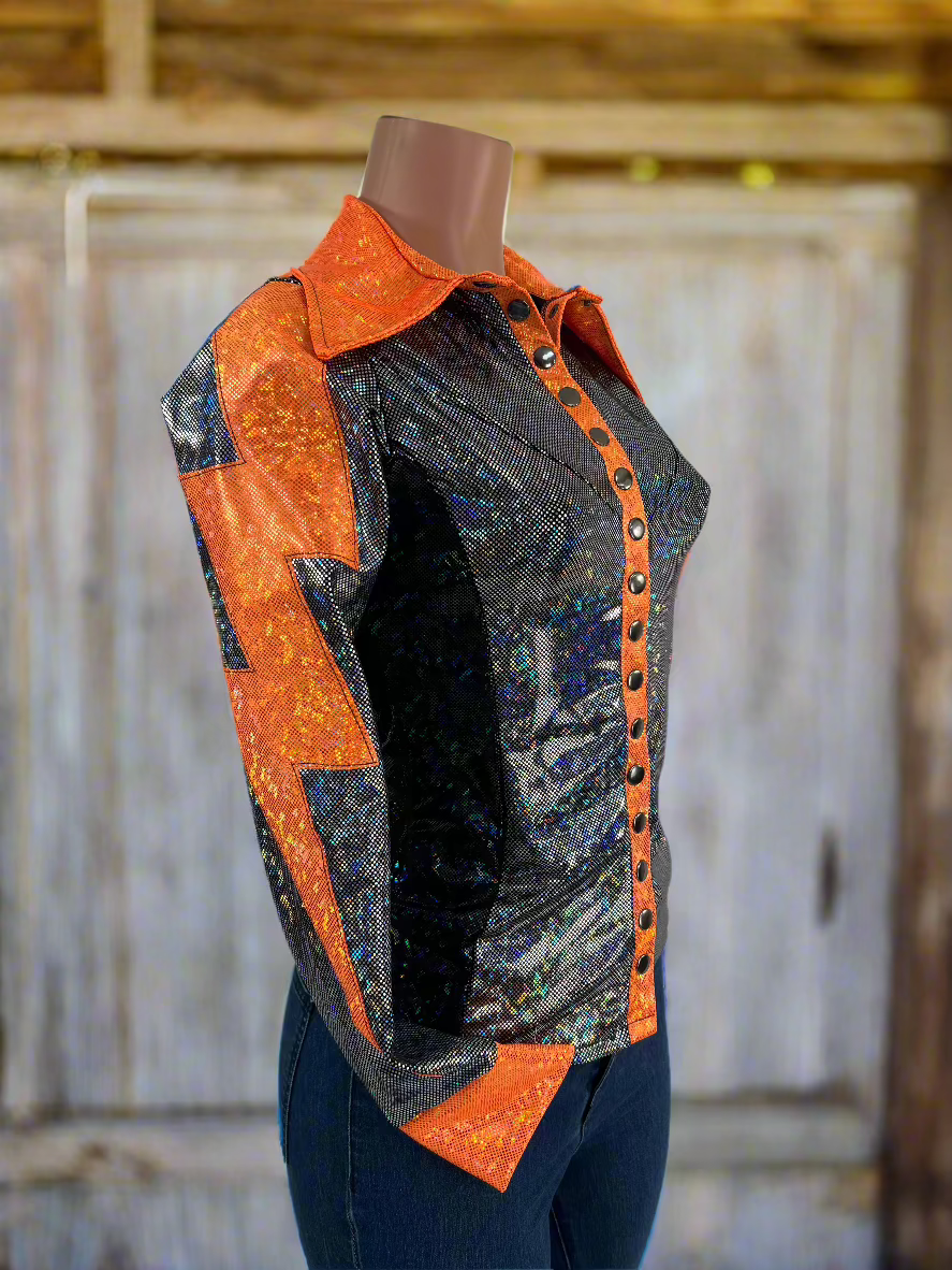 Ready To Ship EXTRA SMALL Orange Kaleidoscope Lightning Bolt Rodeo Shirt - Riverside Rodeo Shirts