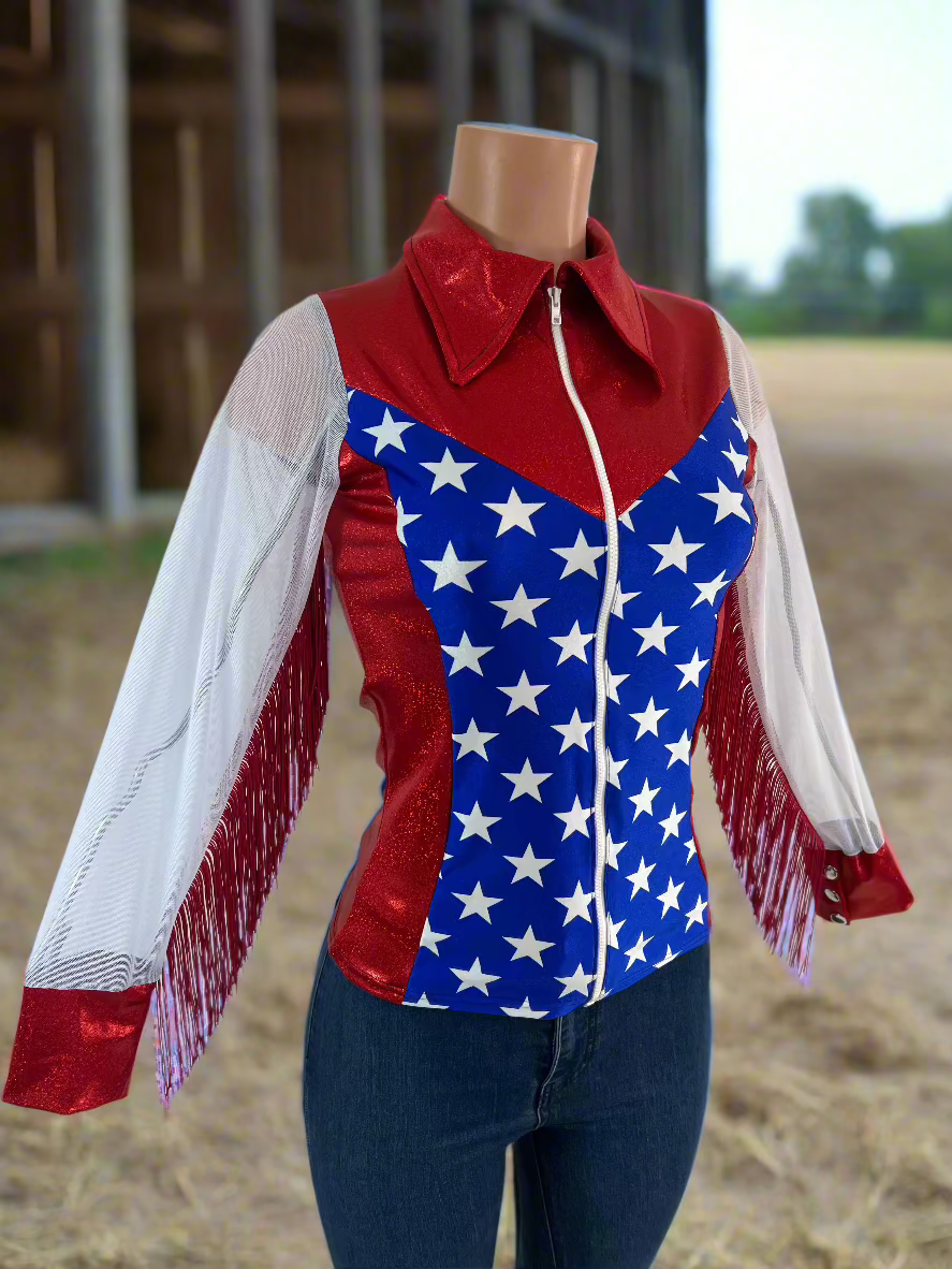Star Spangled Mesh Sleeve, Zipper Front Rodeo Shirt Rodeo Shirt Riverside Rodeo Shirts