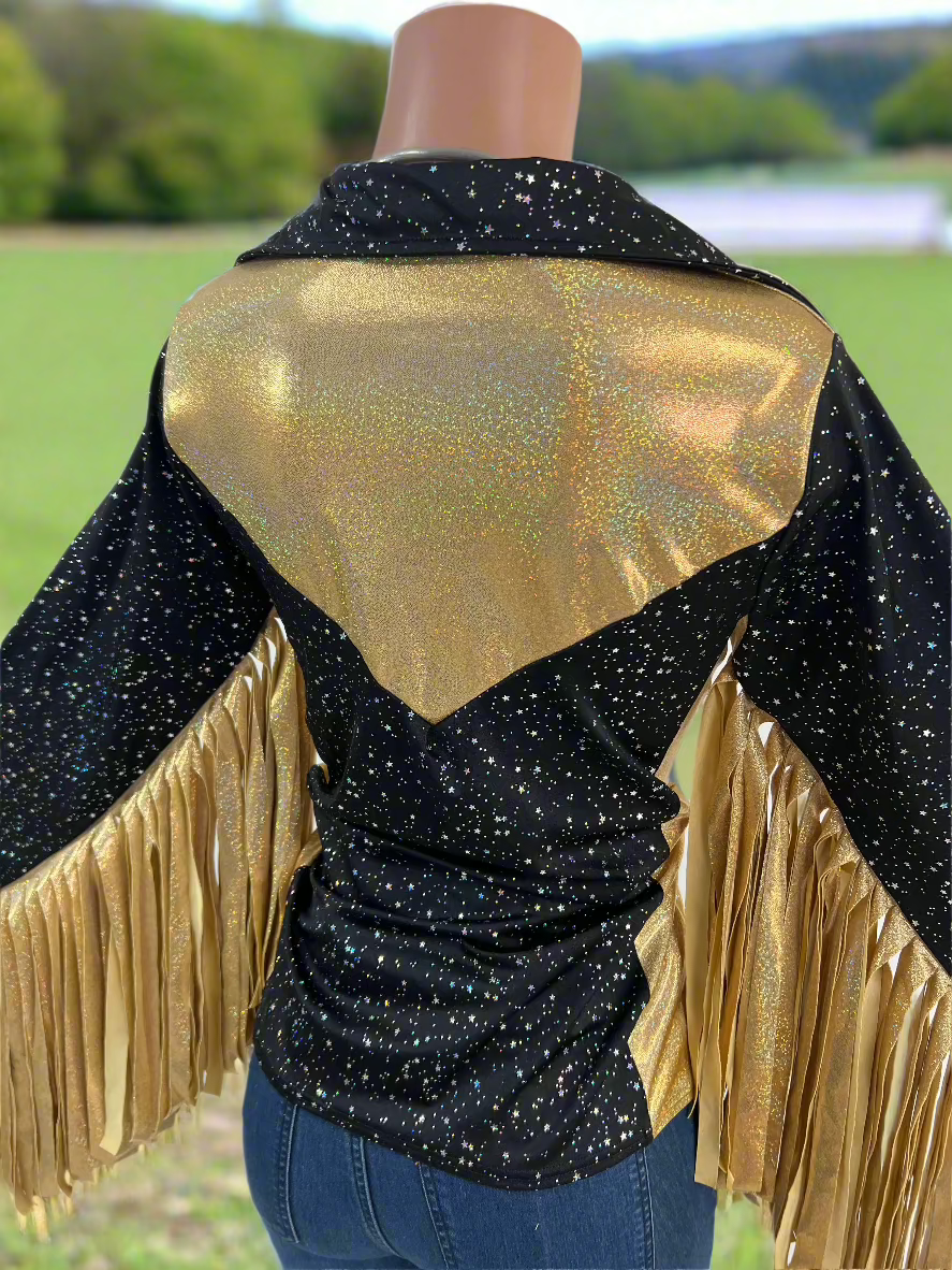 Gold and Black Rodeo Shirt with Thunderbird Fringe - Riverside Rodeo Shirts
