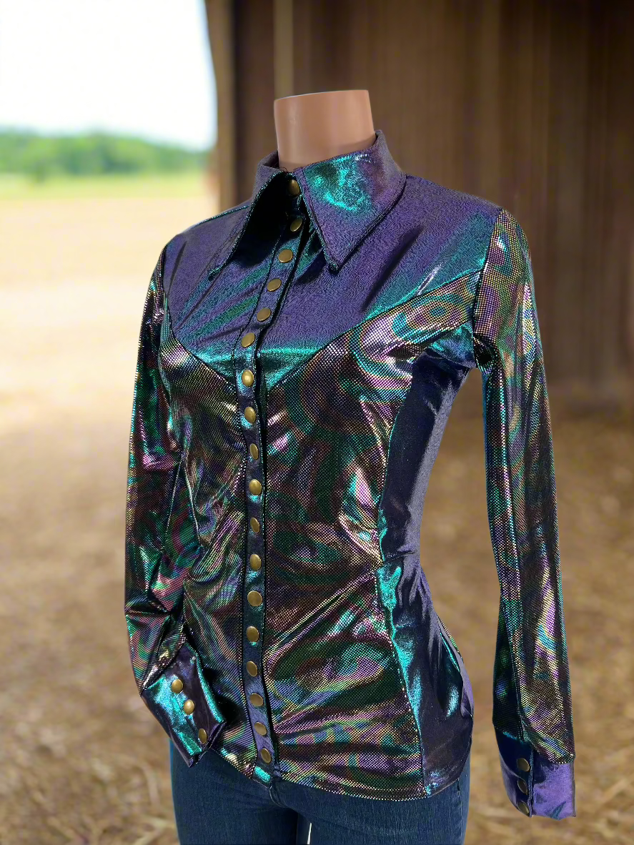 Oil Slick and Scarab Snap Front Holographic Rodeo Shirt Rodeo Shirt Riverside Rodeo Shirts