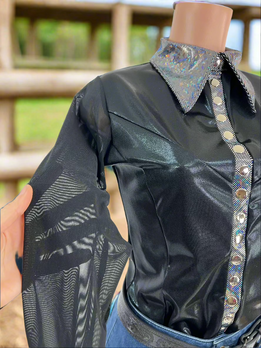 Black Mystique Mesh Sleeve Snap Front Rodeo Shirt Rodeo Shirt Riverside Rodeo Shirts