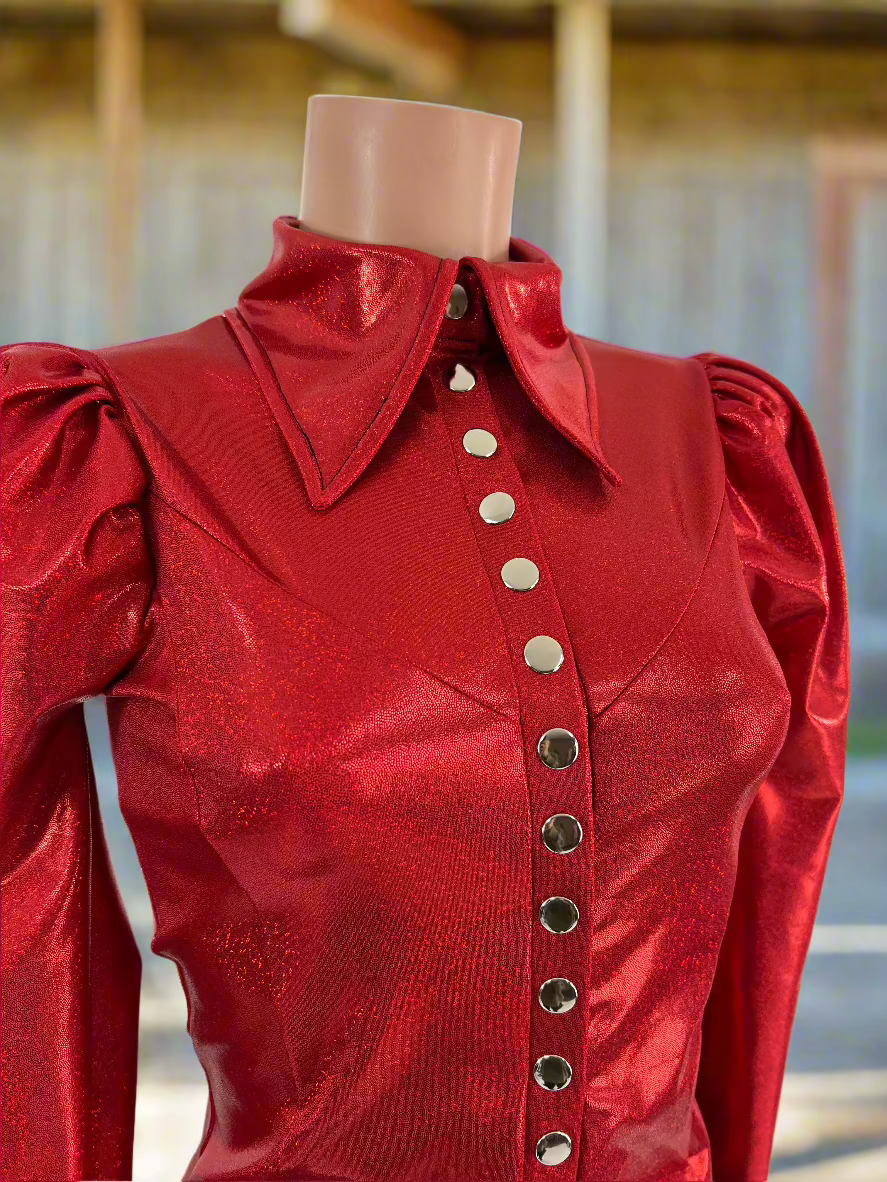 Red Sparkly Snap Front Rodeo Shirt with Puffed Sleeves Rodeo Shirt Riverside Rodeo Shirts