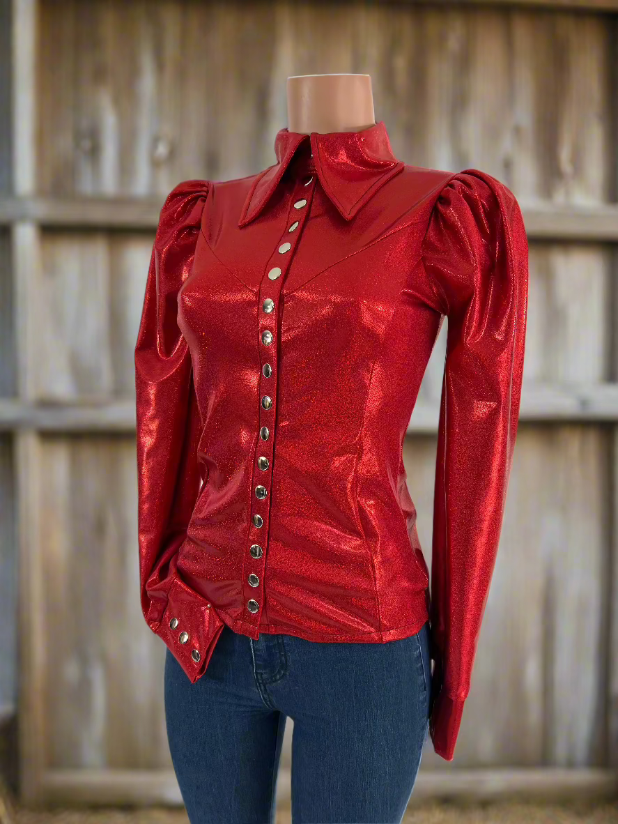 Red Sparkly Snap Front Rodeo Shirt with Puffed Sleeves Rodeo Shirt Riverside Rodeo Shirts