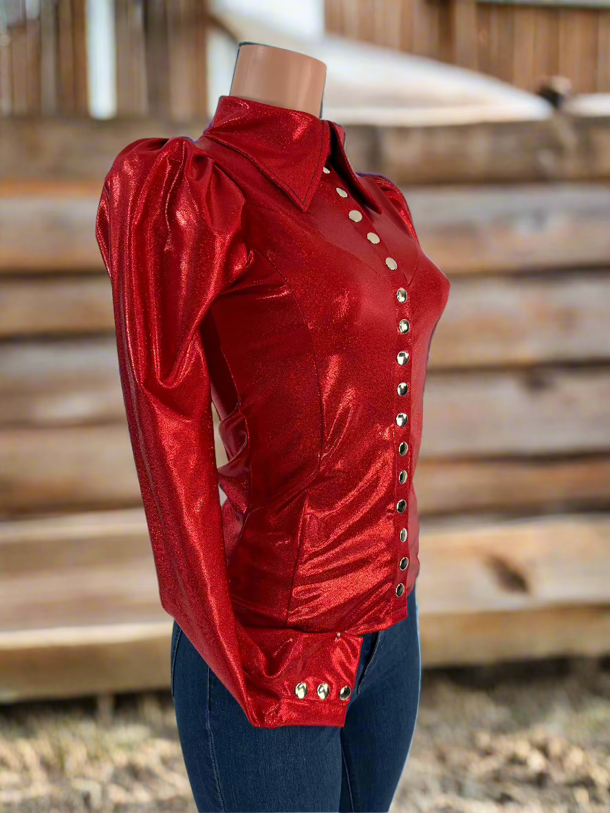 Red Sparkly Snap Front Rodeo Shirt with Puffed Sleeves Rodeo Shirt Riverside Rodeo Shirts