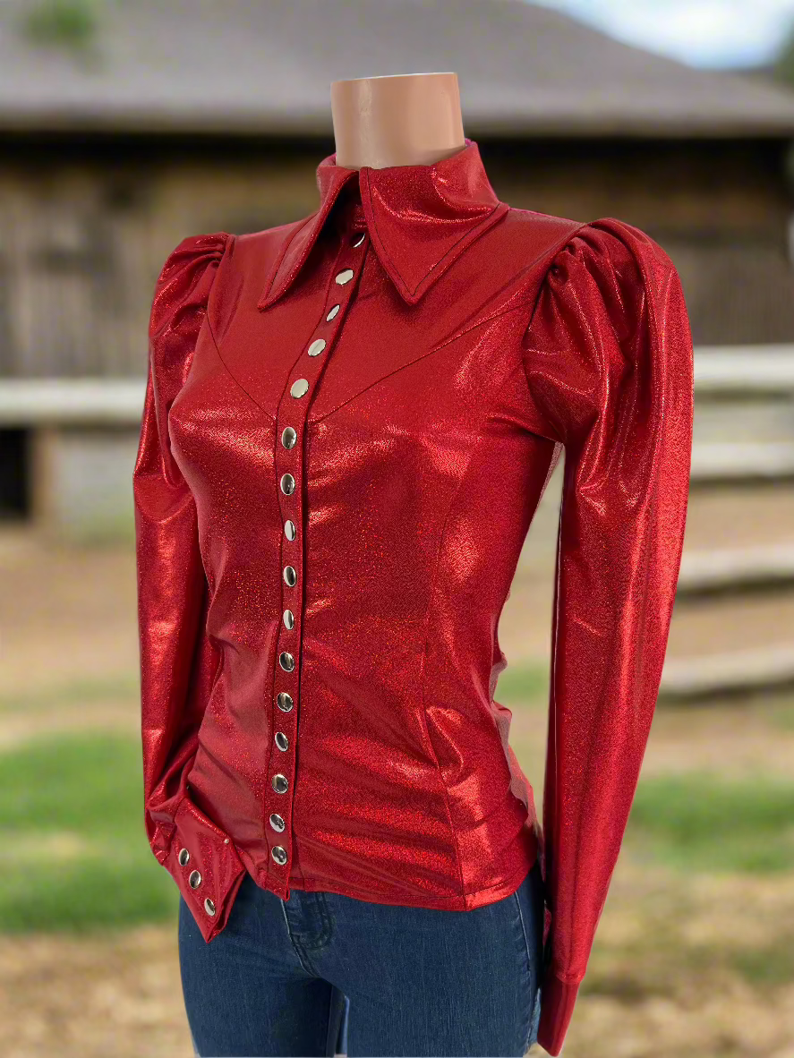 Red Sparkly Snap Front Rodeo Shirt with Puffed Sleeves Rodeo Shirt Riverside Rodeo Shirts