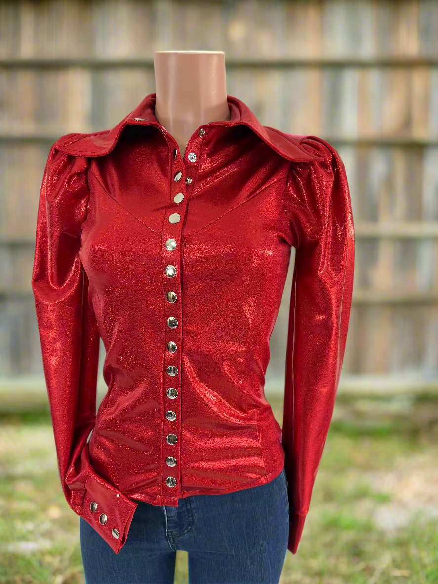 Red Sparkly Snap Front Rodeo Shirt with Puffed Sleeves Rodeo Shirt Riverside Rodeo Shirts