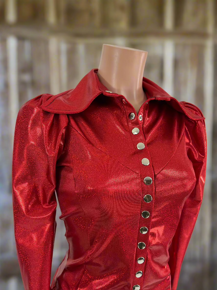 Red Sparkly Snap Front Rodeo Shirt with Puffed Sleeves Rodeo Shirt Riverside Rodeo Shirts