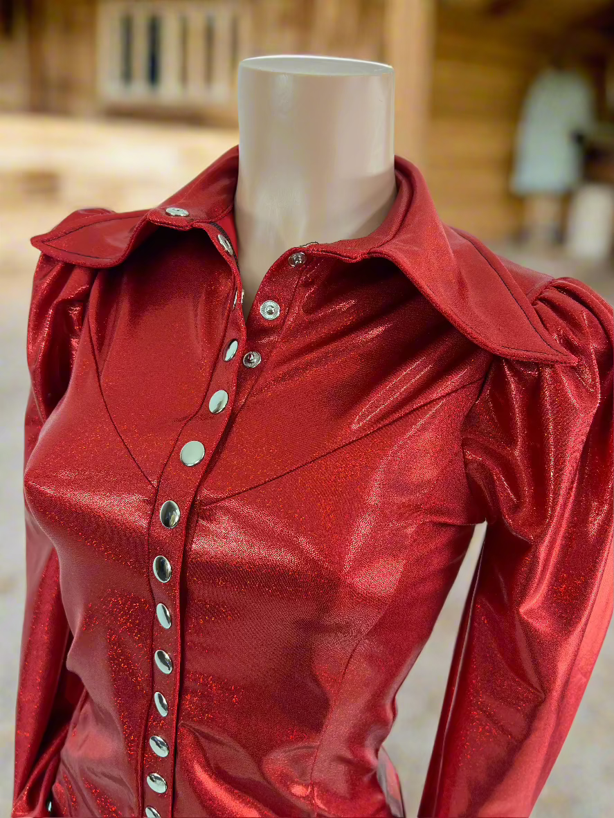 Red Sparkly Snap Front Rodeo Shirt with Puffed Sleeves Rodeo Shirt Riverside Rodeo Shirts