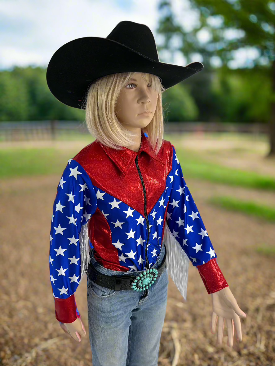 Firecracker Rodeo Shirt with White Fringe Rodeo Shirt Riverside Rodeo Shirts