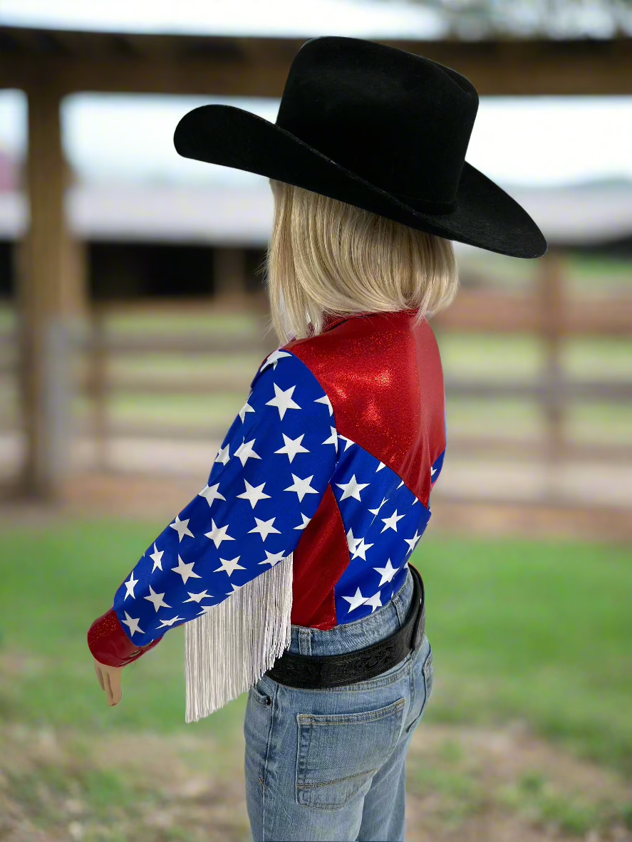 Firecracker Rodeo Shirt with White Fringe Rodeo Shirt Riverside Rodeo Shirts