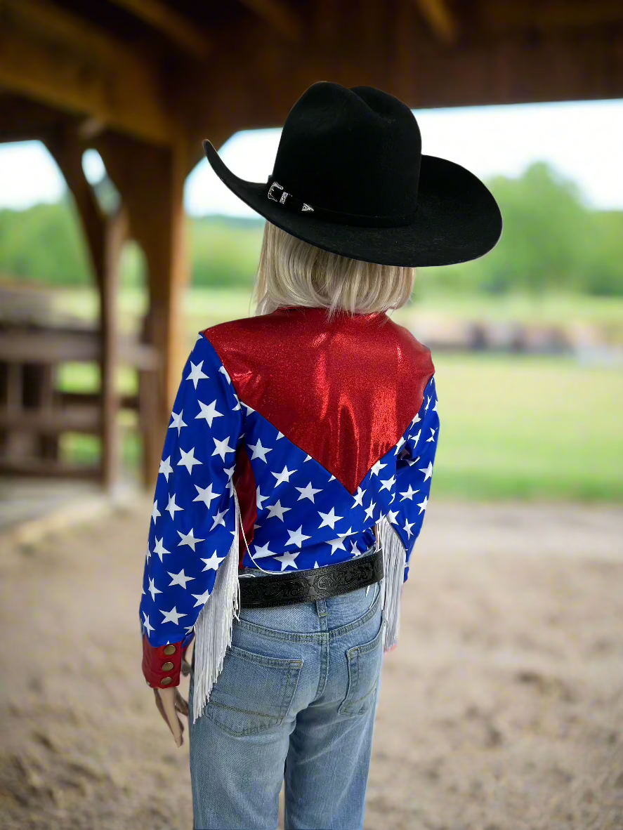 Firecracker Rodeo Shirt with White Fringe Rodeo Shirt Riverside Rodeo Shirts