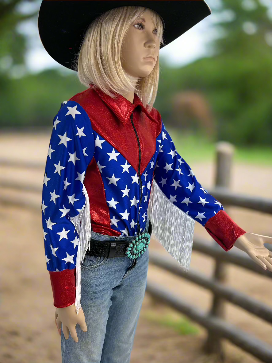Firecracker Rodeo Shirt with White Fringe Rodeo Shirt Riverside Rodeo Shirts