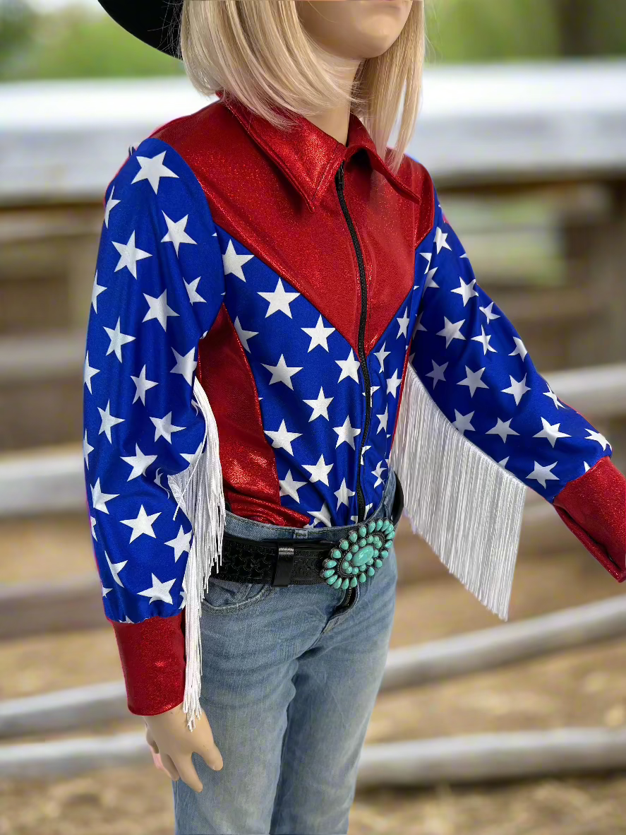 Firecracker Rodeo Shirt with White Fringe Rodeo Shirt Riverside Rodeo Shirts