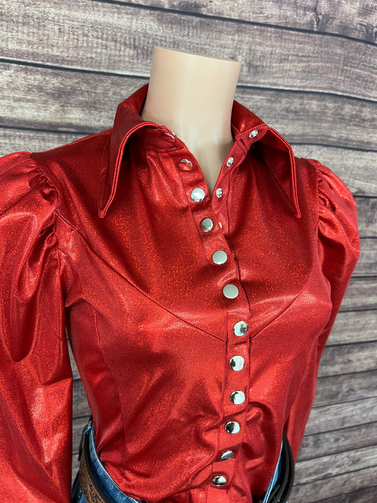 Red Sparkly Snap Front Rodeo Shirt with Puffed Sleeves