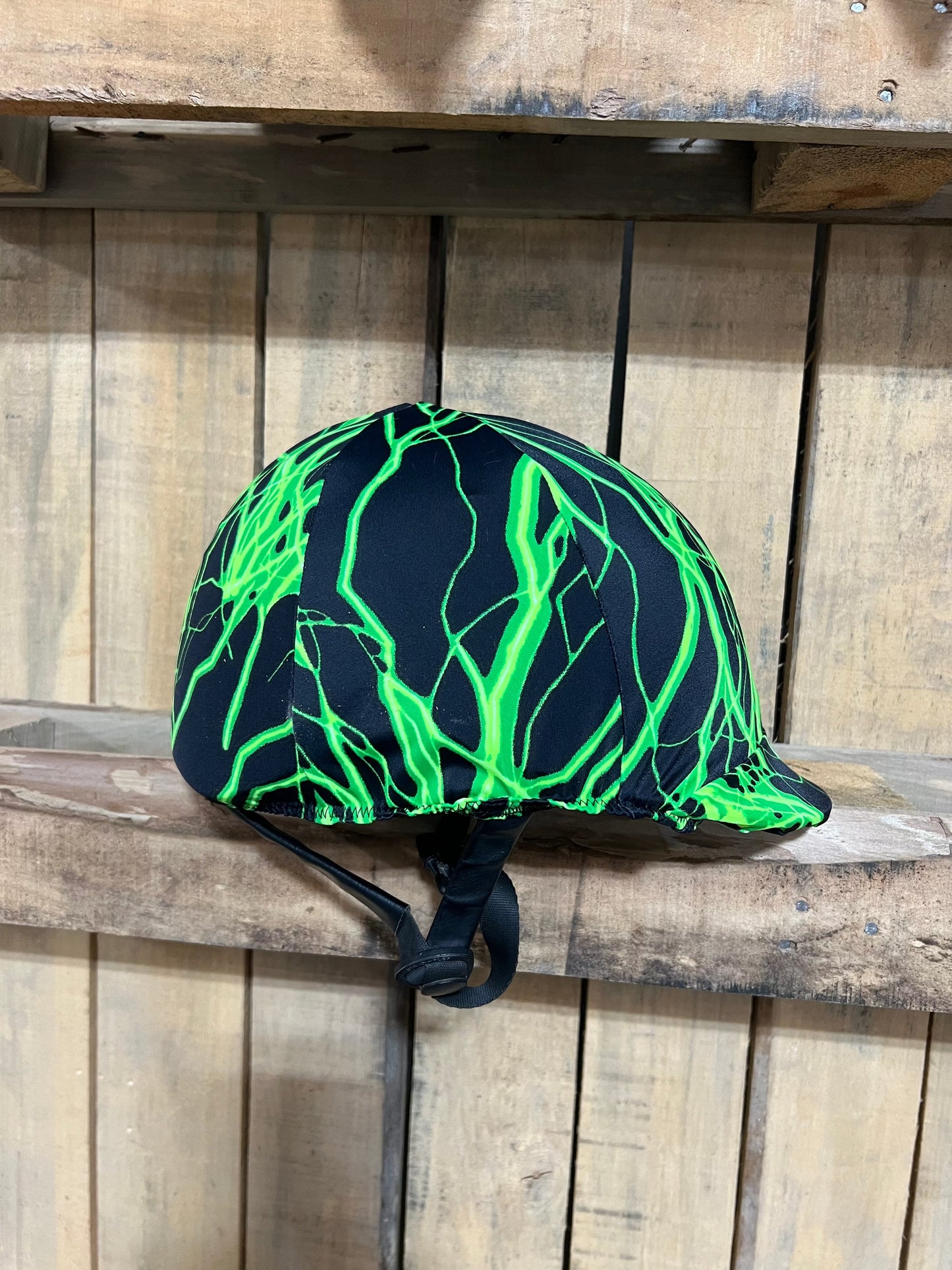 Neon Green Lightning Helmet Cover Fly Bonnet Riverside Rodeo Shirts
