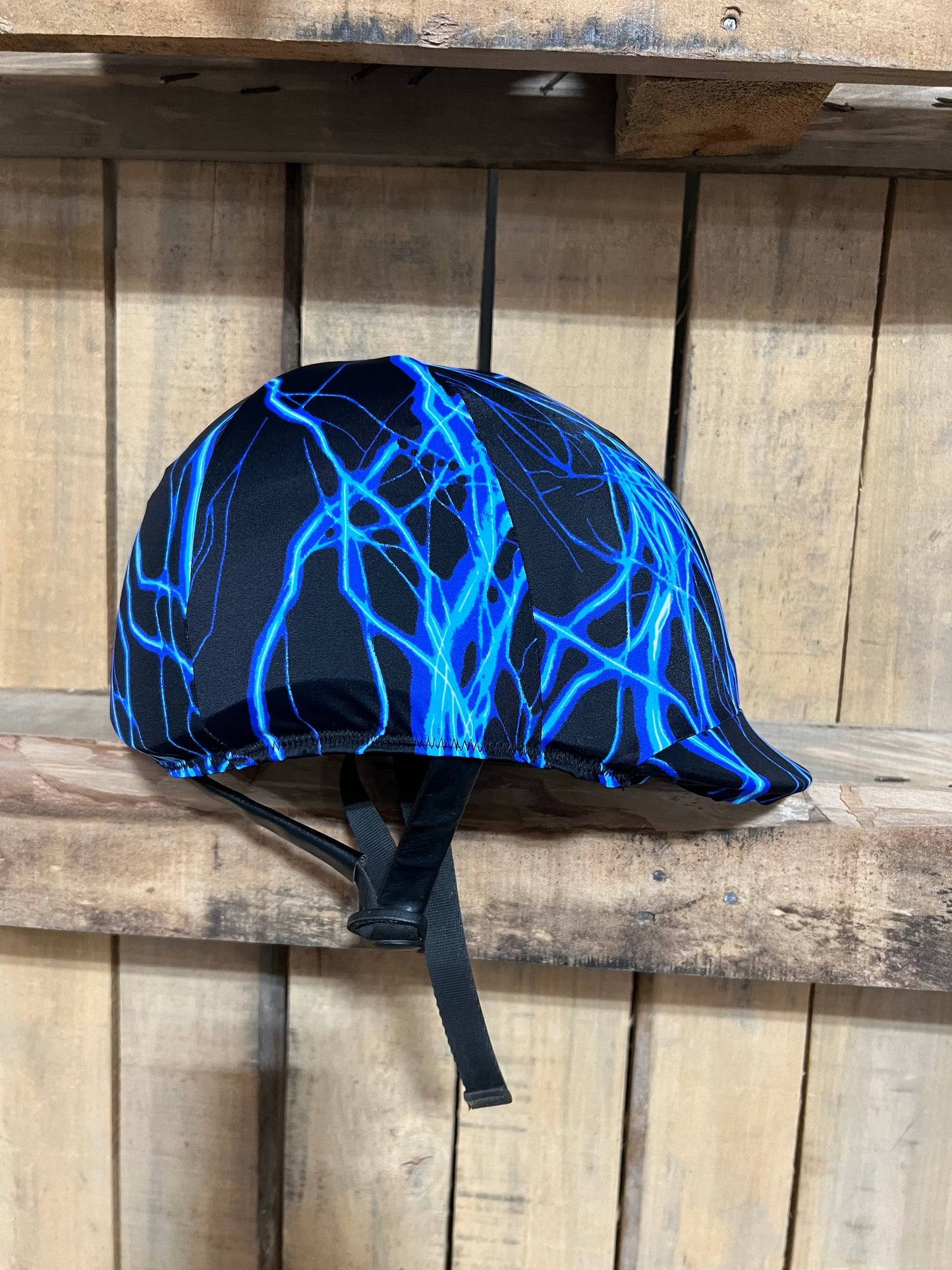 Neon Blue Lightning Helmet Cover Fly Bonnet Riverside Rodeo Shirts
