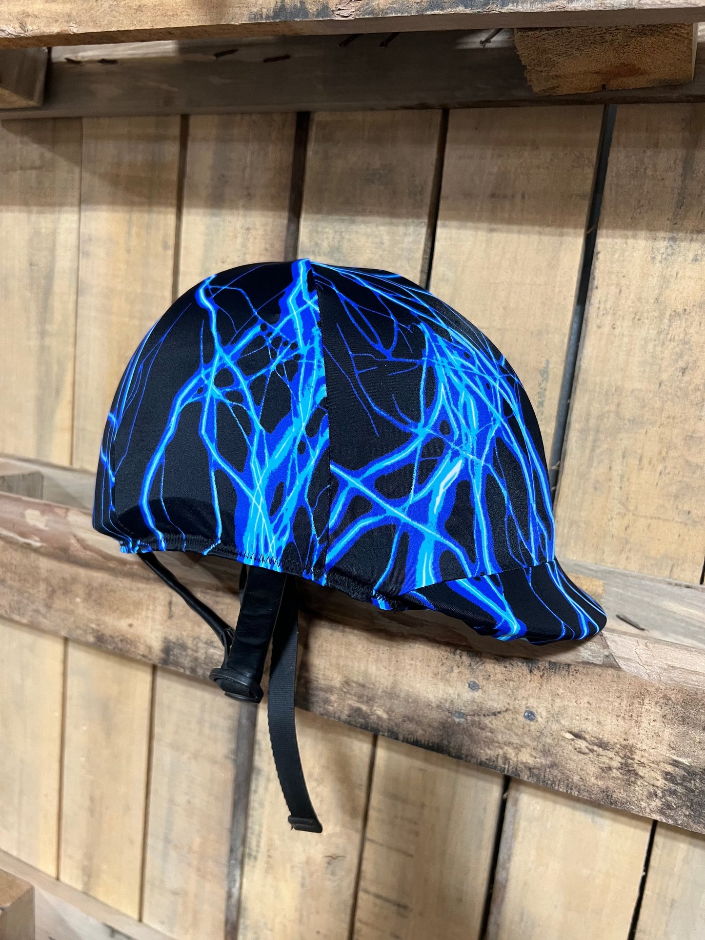Neon Blue Lightning Helmet Cover Fly Bonnet Riverside Rodeo Shirts