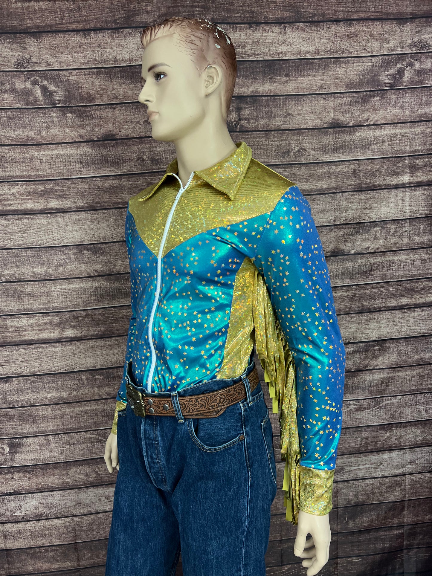Mens Stardust and Gold Kaleidoscope Zipper Front Rodeo Shirt with 6" Thunderbird Fringe