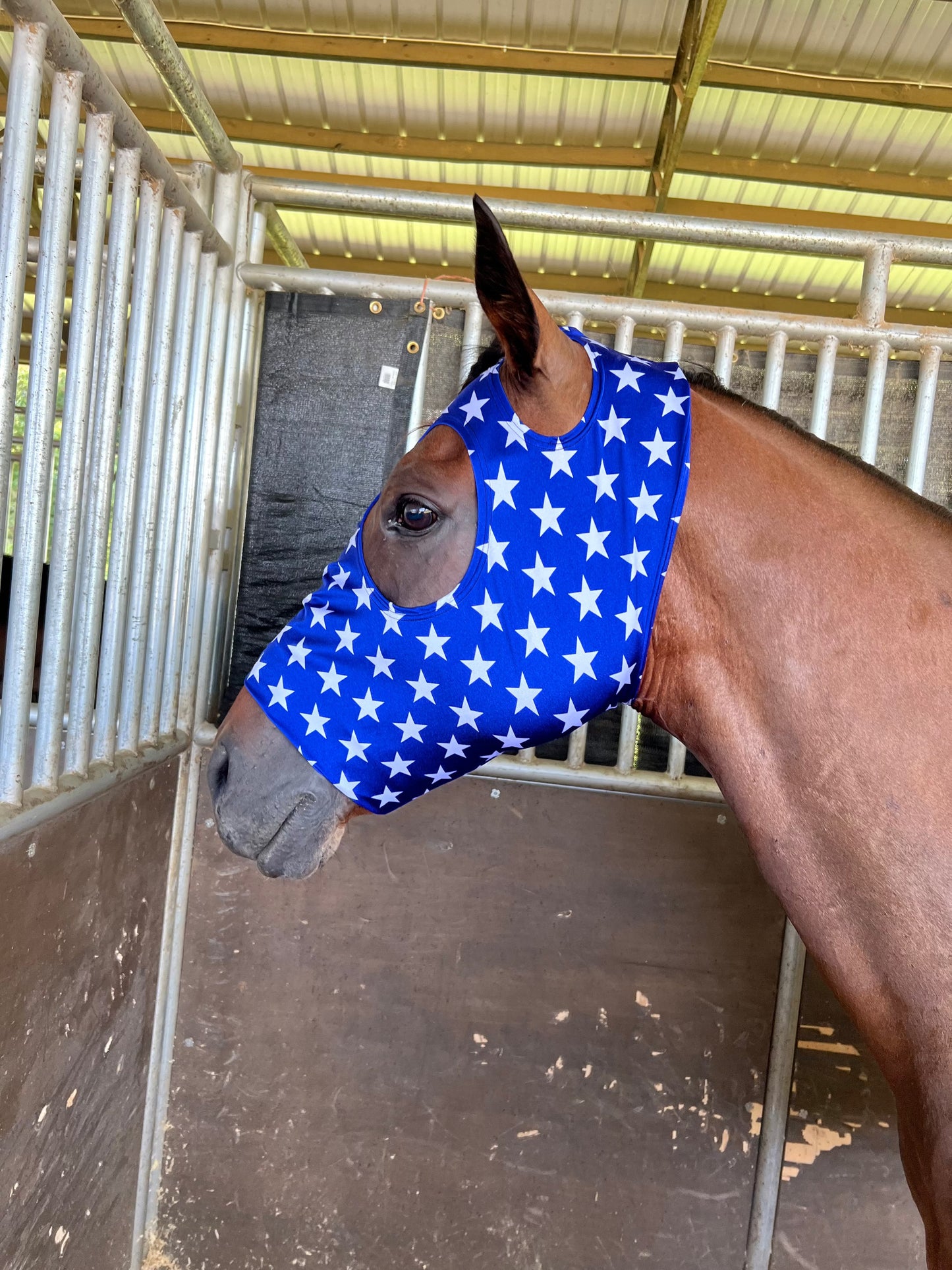 Blue and White Star Spandex Face Mask for Horses Fly Bonnet Riverside Rodeo Shirts