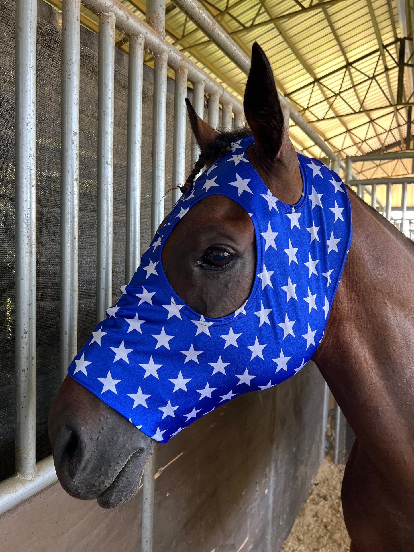 Blue and White Star Spandex Face Mask for Horses Fly Bonnet Riverside Rodeo Shirts