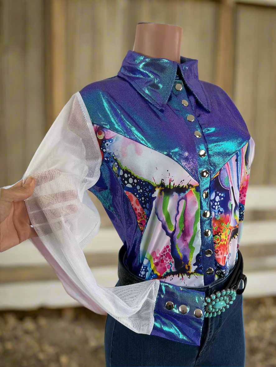 READY to SHIP Size XL Moonstone Desert Dreams Mesh Sleeve Snap Front Rodeo Shirt - Riverside Rodeo Shirts