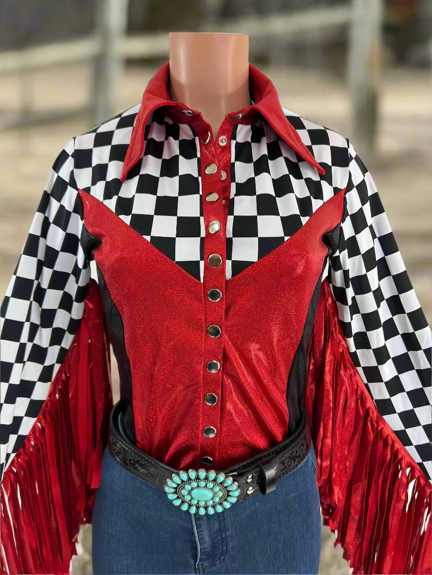 Checks in the Red Snap Front Rodeo Shirt with Thunderbird Fringe Rodeo Shirt Riverside Rodeo Shirts