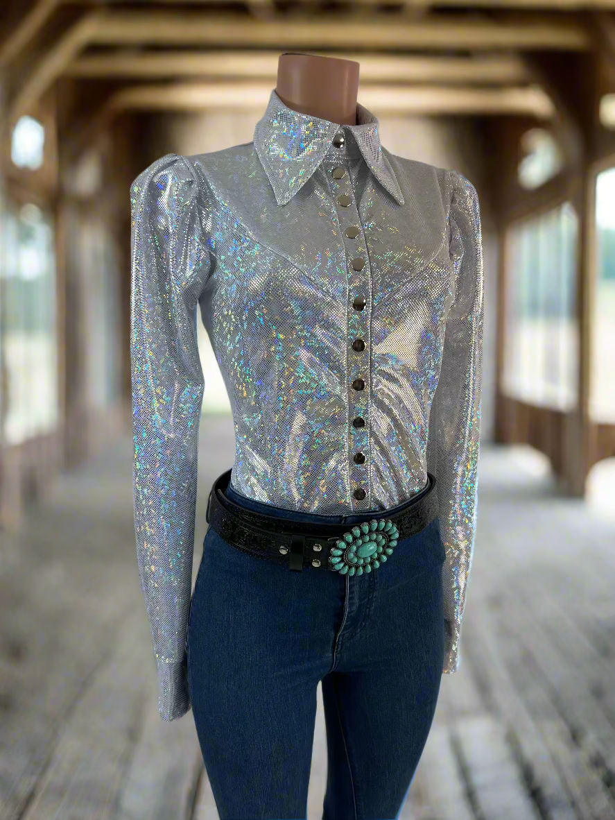 White Kaleidoscope Snap Front Rodeo Shirt with Puffed Sleeves Rodeo Shirt Riverside Rodeo Shirts