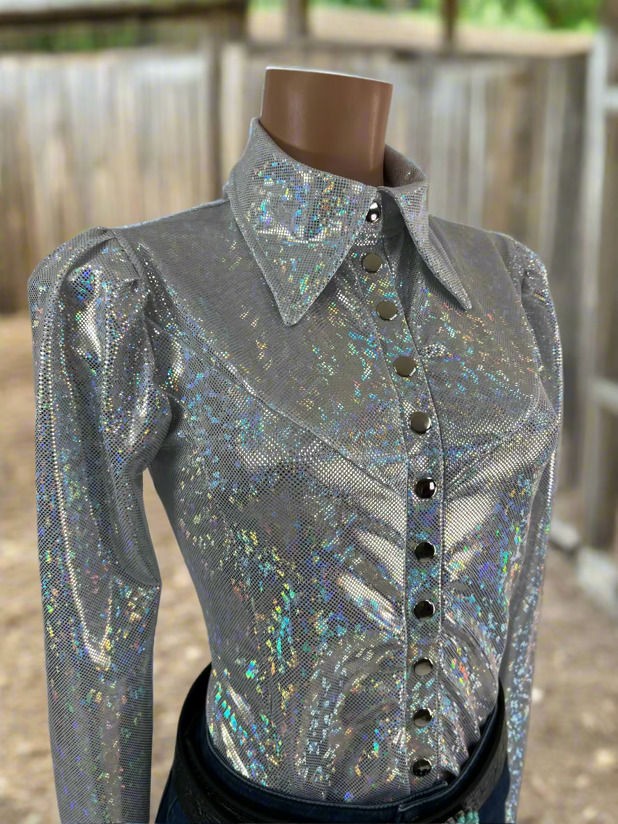 White Kaleidoscope Snap Front Rodeo Shirt with Puffed Sleeves Rodeo Shirt Riverside Rodeo Shirts