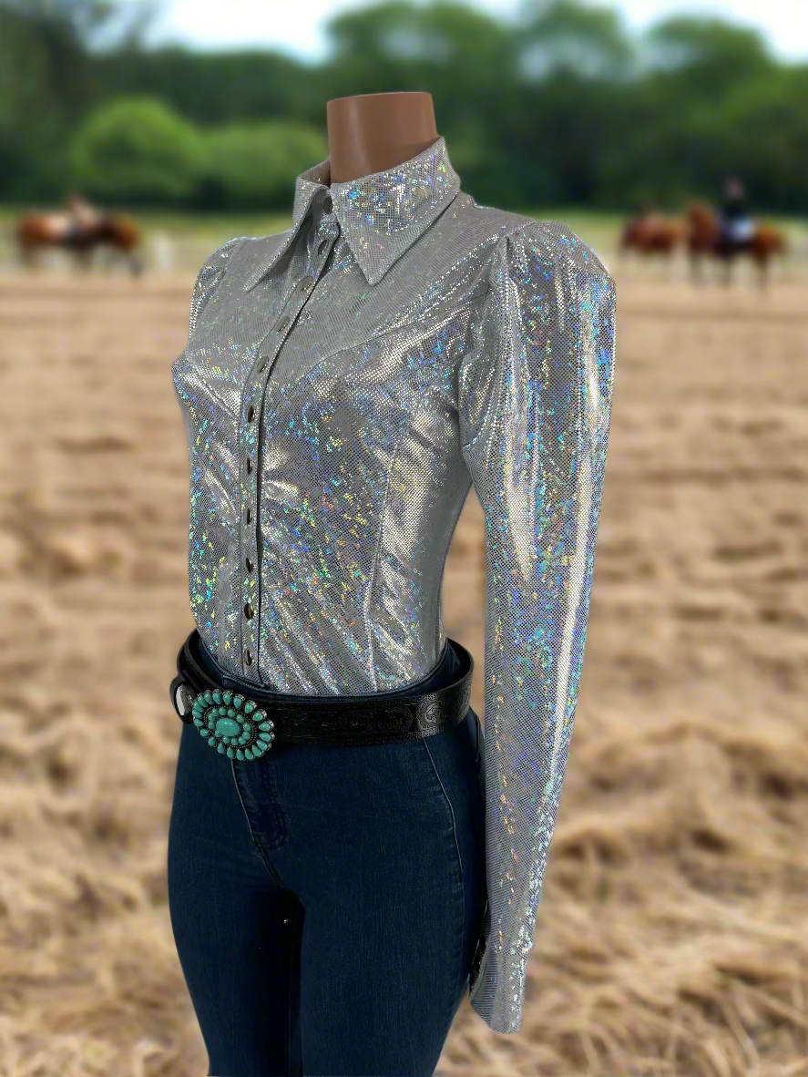 White Kaleidoscope Snap Front Rodeo Shirt with Puffed Sleeves Rodeo Shirt Riverside Rodeo Shirts