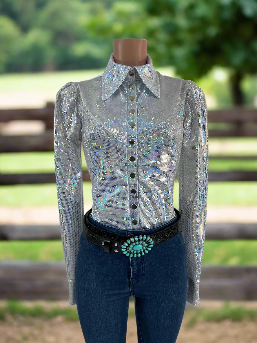 White Kaleidoscope Snap Front Rodeo Shirt with Puffed Sleeves Rodeo Shirt Riverside Rodeo Shirts