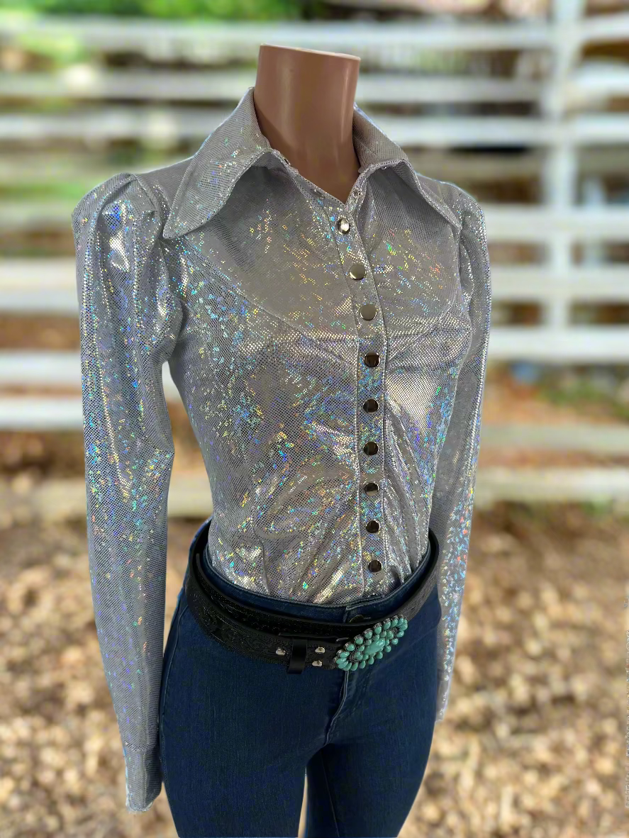 White Kaleidoscope Snap Front Rodeo Shirt with Puffed Sleeves Rodeo Shirt Riverside Rodeo Shirts