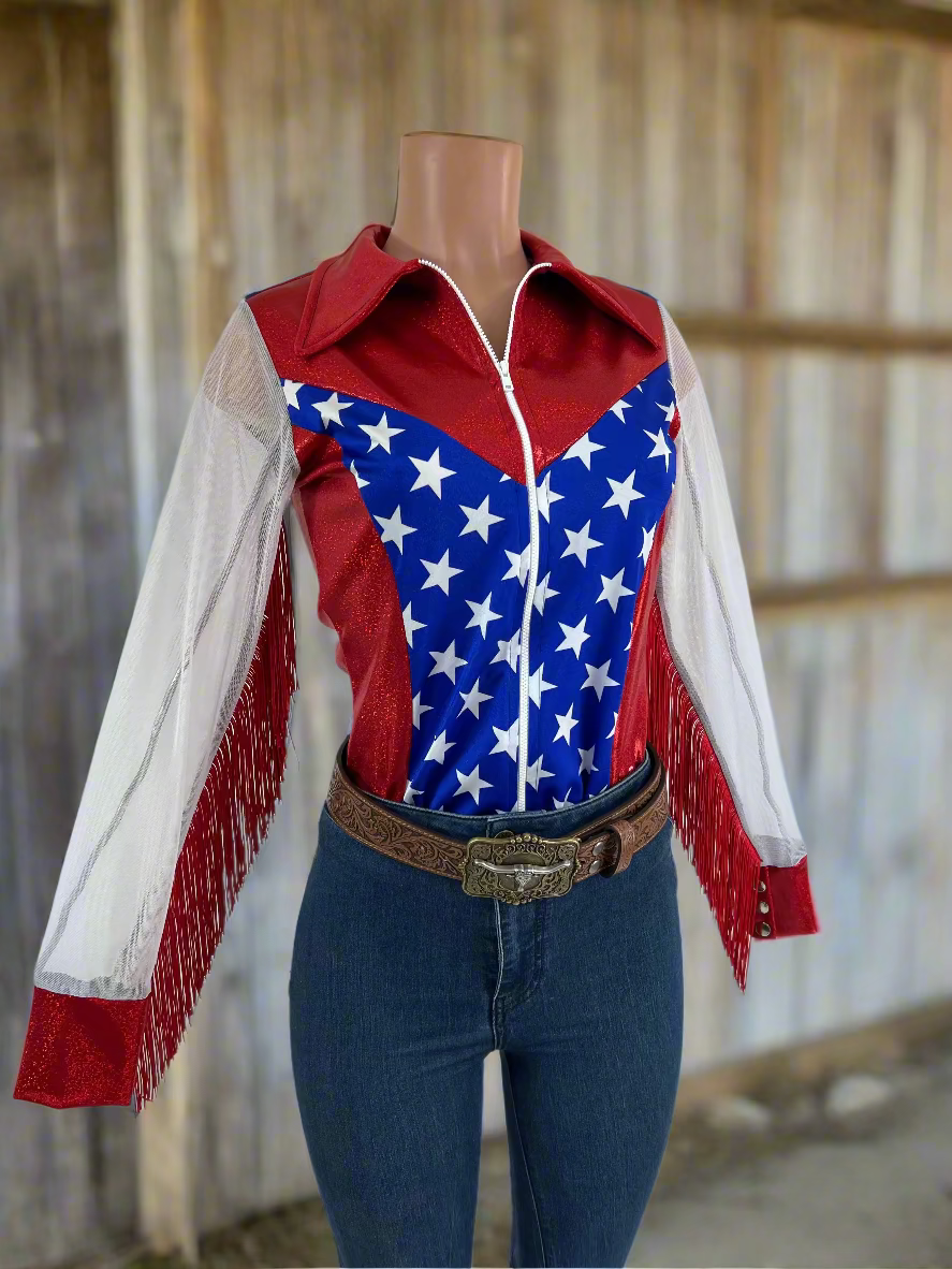 Star Spangled Mesh Sleeve, Zipper Front Rodeo Shirt Rodeo Shirt Riverside Rodeo Shirts