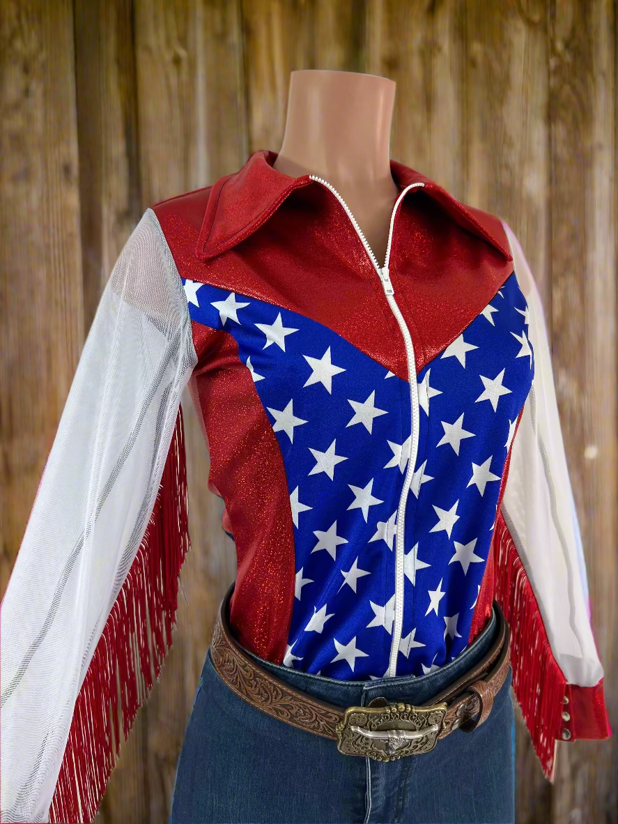Star Spangled Mesh Sleeve, Zipper Front Rodeo Shirt Rodeo Shirt Riverside Rodeo Shirts