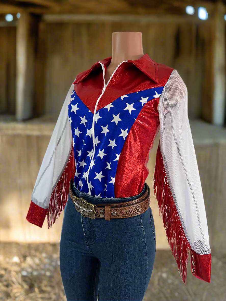 Star Spangled Mesh Sleeve, Zipper Front Rodeo Shirt Rodeo Shirt Riverside Rodeo Shirts