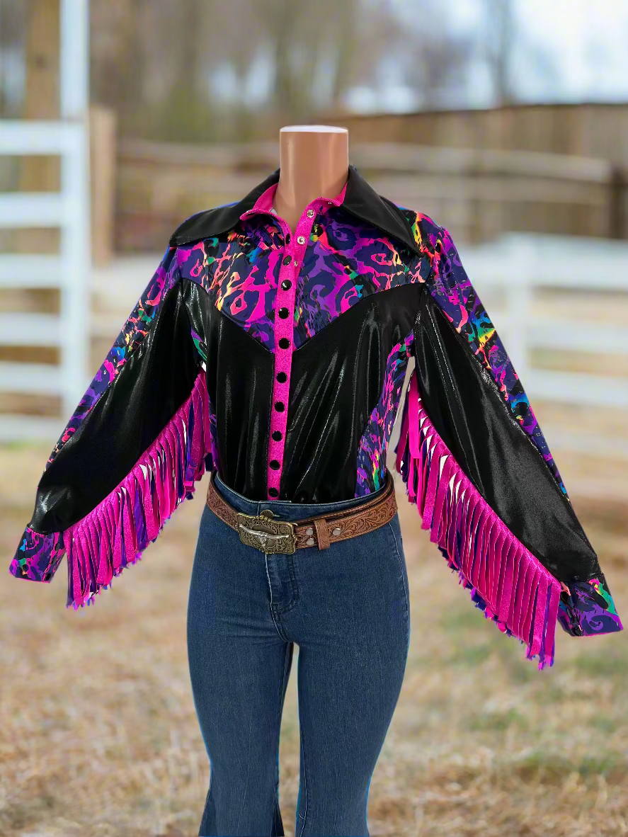 Rainbow Leopard Snap Front Rodeo Shirt with Thunderbird Fringe Rodeo Shirt Riverside Rodeo Shirts