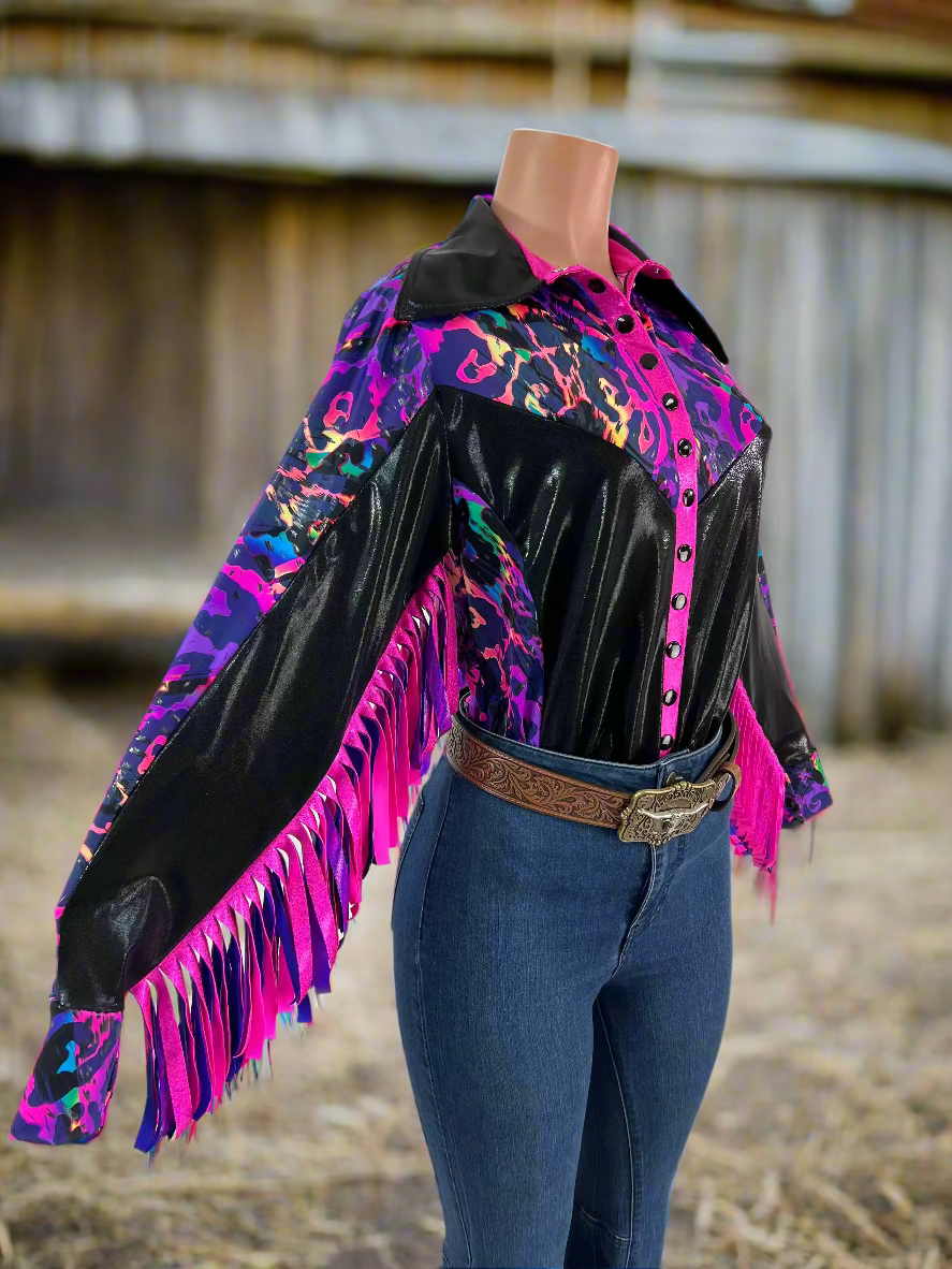 Rainbow Leopard Snap Front Rodeo Shirt with Thunderbird Fringe Rodeo Shirt Riverside Rodeo Shirts