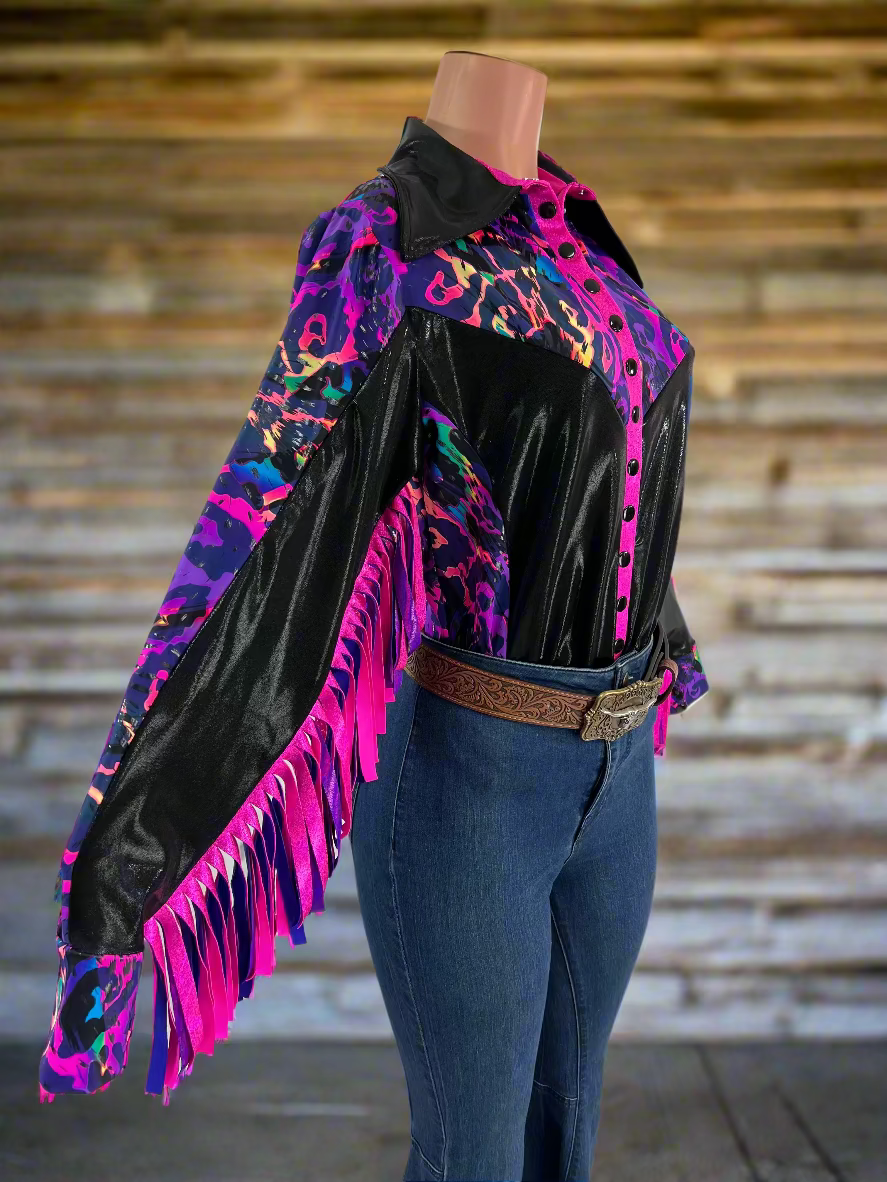 Rainbow Leopard Snap Front Rodeo Shirt with Thunderbird Fringe Rodeo Shirt Riverside Rodeo Shirts