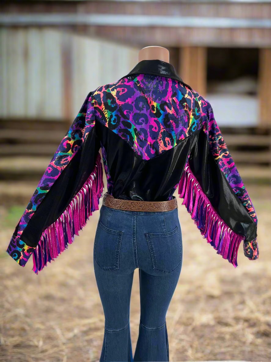 Rainbow Leopard Snap Front Rodeo Shirt with Thunderbird Fringe Rodeo Shirt Riverside Rodeo Shirts